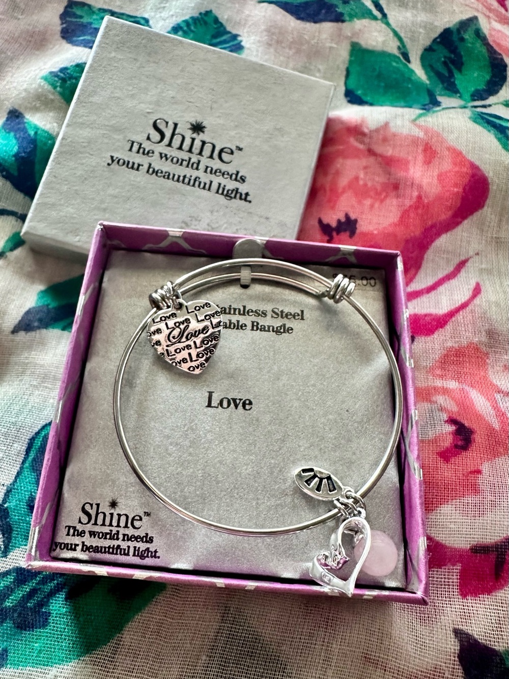 NIB - Shine Brand Fine Stainless Steel “Love” Charm Bangle Bracelet 🩶💕🩶